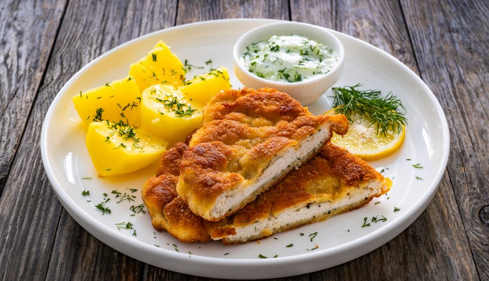 rántott hús fűszeres panírban sült krumplival tányéron