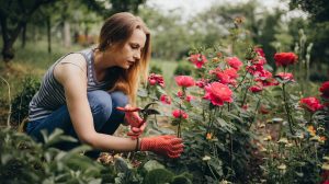 rózsákat metsz egy nő a kertben