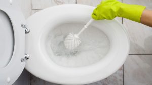 nő gumikesztyűben súrolja a wc-t