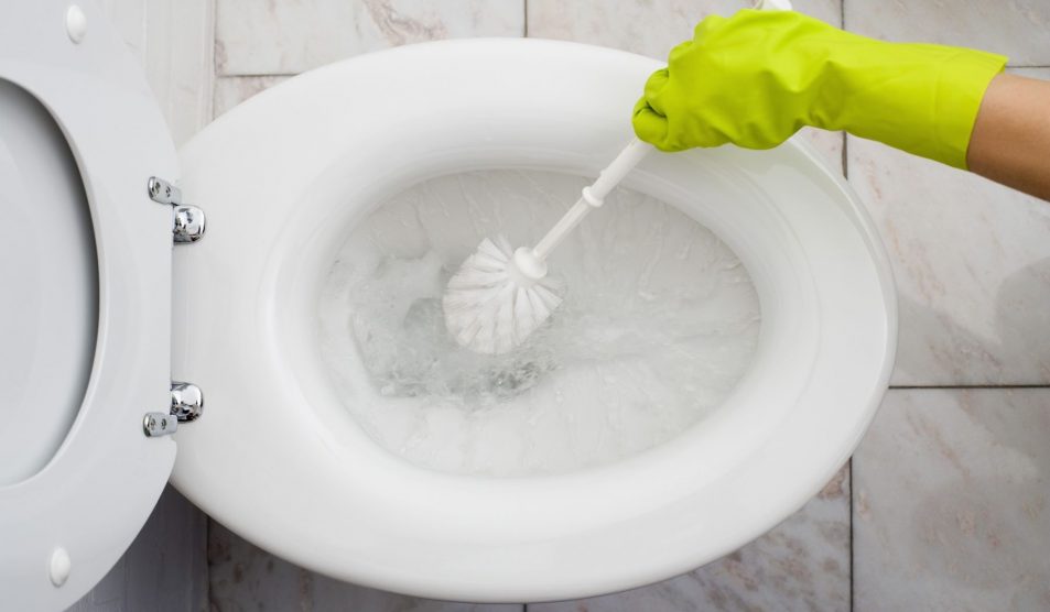 nő gumikesztyűben súrolja a wc-t