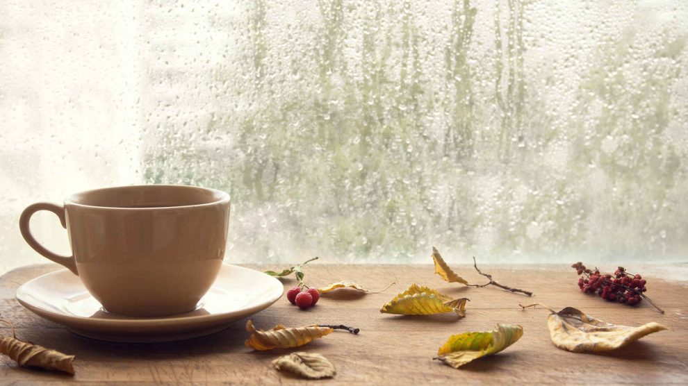 párás ablak előtt kávé és őszi falevekek