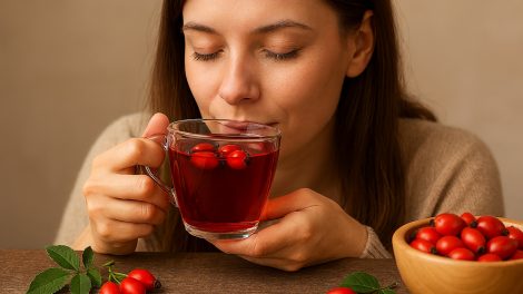 egy személy kezében tart egy csipkebogyóteás üvegpoharat, előtérben friss csipkebogyók és levelek, valamint egy fa tál tele bogyókkal