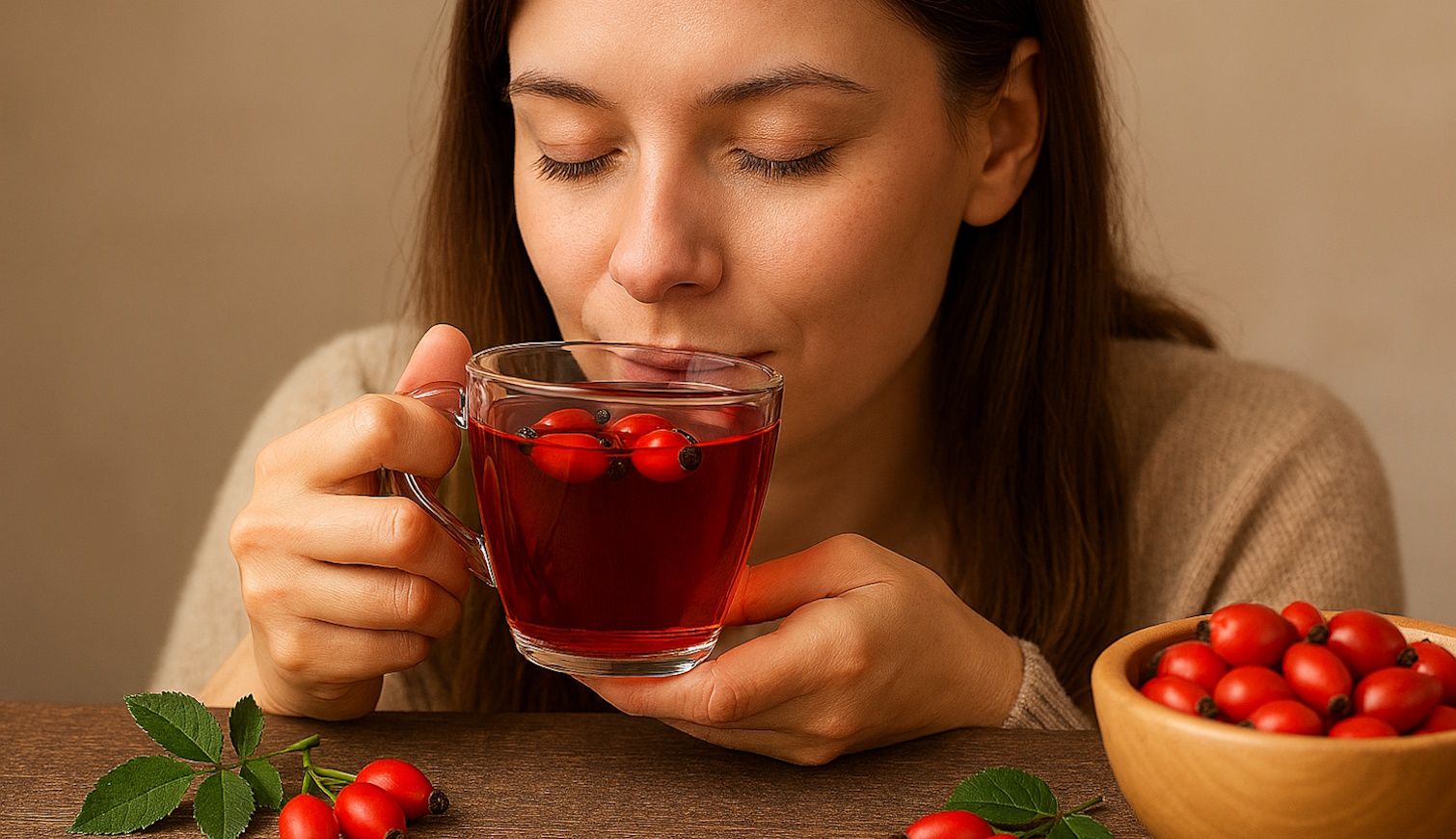 egy személy kezében tart egy csipkebogyóteás üvegpoharat, előtérben friss csipkebogyók és levelek, valamint egy fa tál tele bogyókkal