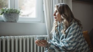 fűtés spórolás középkorú nő pokrócban ül a radiátor mellett