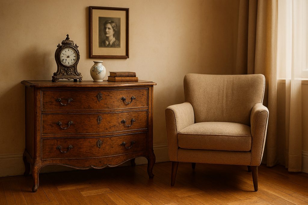 hangulatos nappali enteriőr, középpontban egy patinás, antik fa komóddal, rajta régi óra, porcelán váza és könyvek.