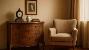 hangulatos nappali enteriőr, középpontban egy patinás, antik fa komóddal, rajta régi óra, porcelán váza és könyvek.