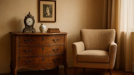 hangulatos nappali enteriőr, középpontban egy patinás, antik fa komóddal, rajta régi óra, porcelán váza és könyvek.