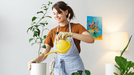 fiatal lány szobanövényeket locsol