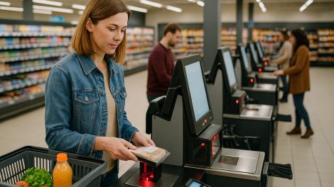 nő fizet az önkiszolgáló kasszánál