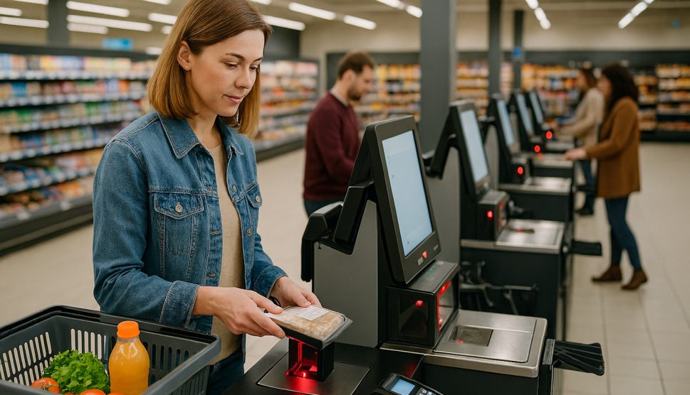 nő fizet az önkiszolgáló kasszánál