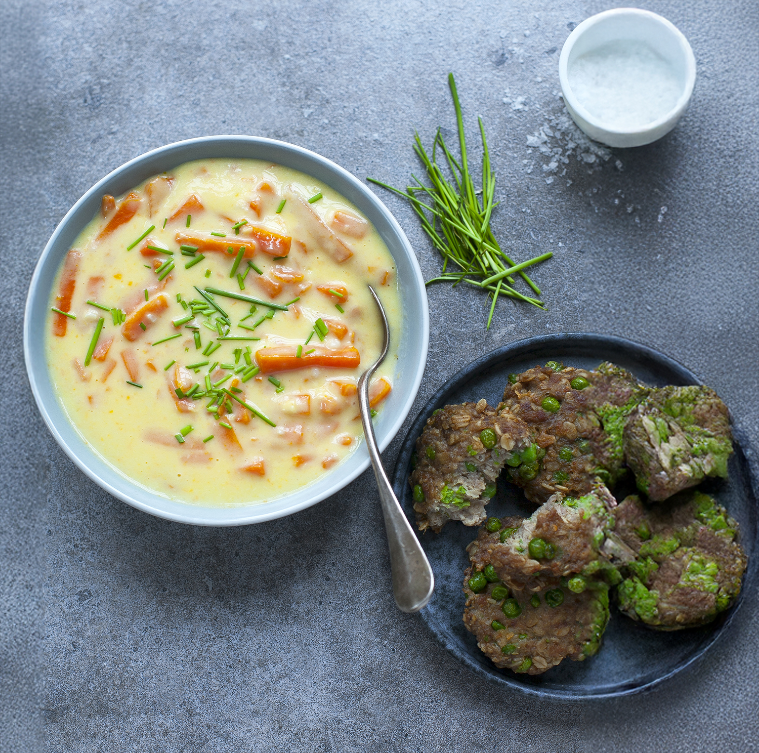 Sárgarépa-főzelék zöldborsós fasírttal