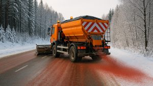 svéd útszóró célkás keveréket szór a hóra