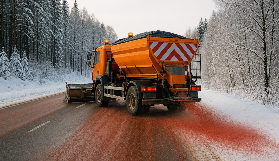 svéd útszóró célkás keveréket szór a hóra