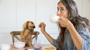 zöld kávét iszik egy középkorú nő reggel a kutyájával