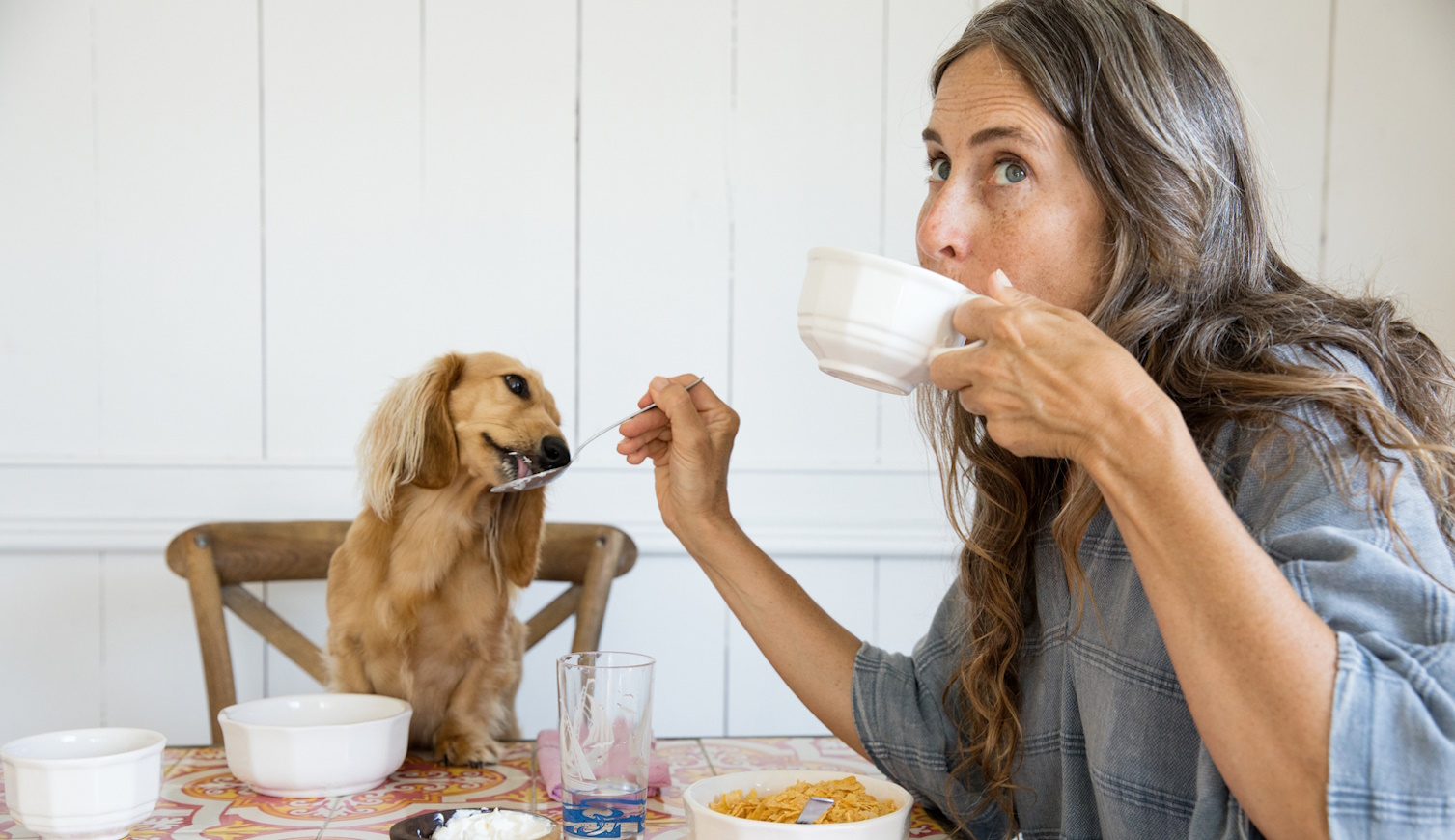 zöld kávét iszik egy középkorú nő reggel a kutyájával