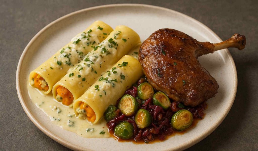 Kéksajtos, sütőtökös cannelloni libacombbal