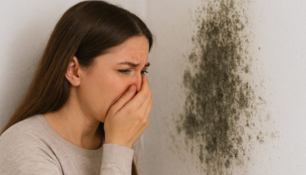 penészes fal előtt dohos szagot érez a nő