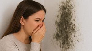 penészes fal előtt dohos szagot érez a nő