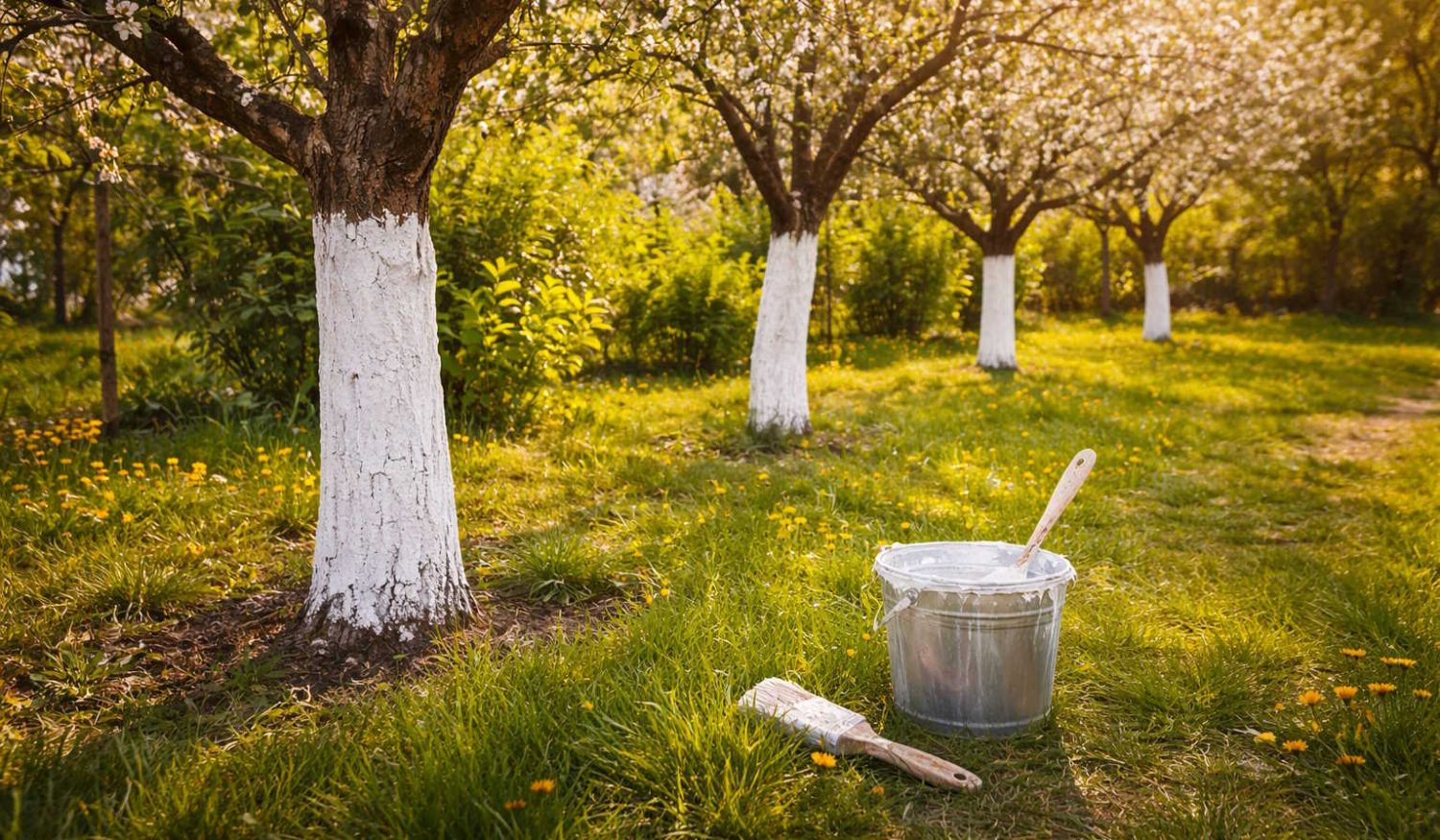 fehérre festett fák a kertben