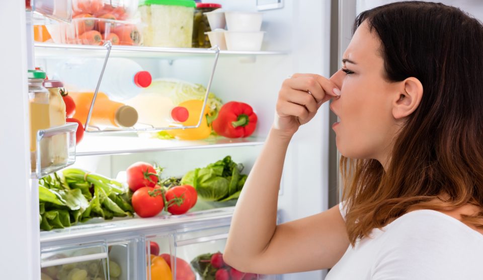 hűtő előtt álló nő, aki befogja az orrát