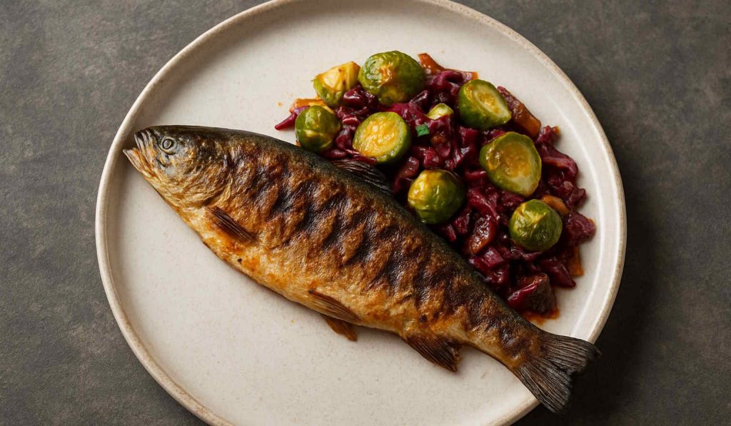 Grillezett pisztráng feketeretkes kelbimbó raguval