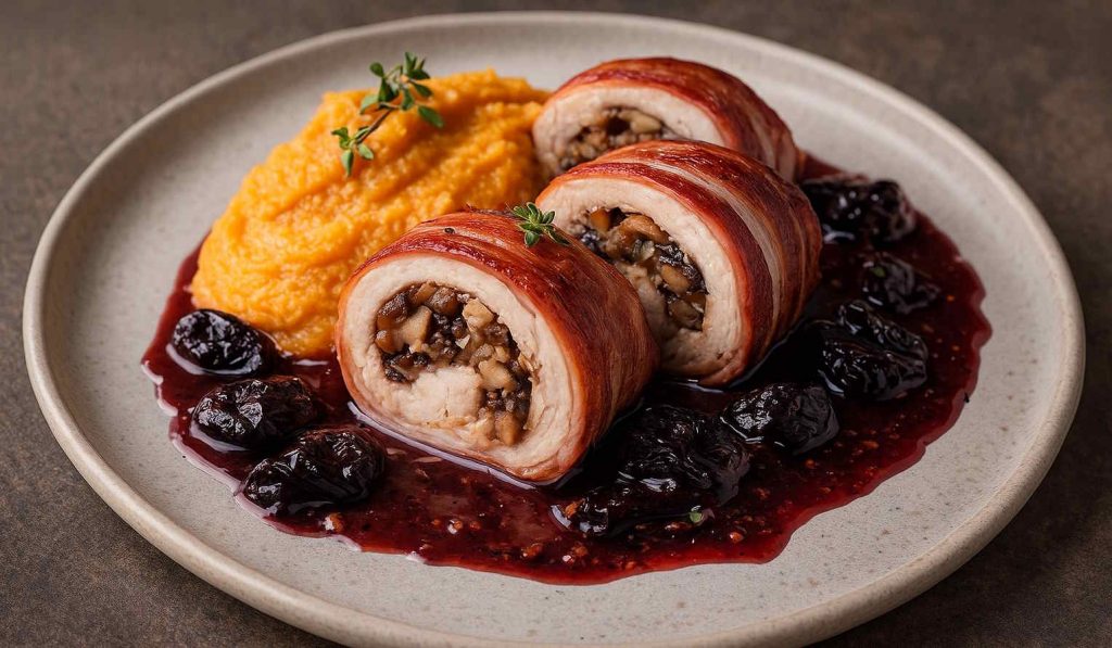 Baconba göngyölt, vadgombával töltött pulykamell rolád aszaltszilvás-vörösboros mártással édes burgonya pürével