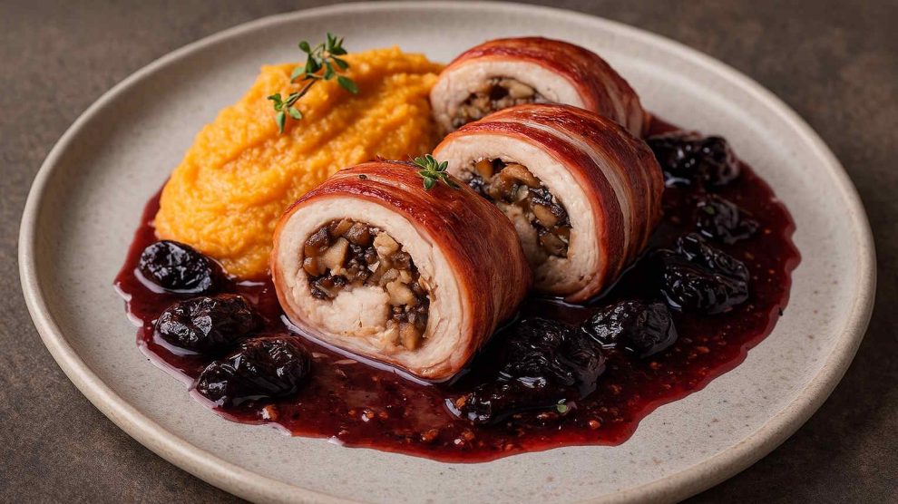 Baconba göngyölt, vadgombával töltött pulykamell rolád aszaltszilvás-vörösboros mártással édes burgonya pürével