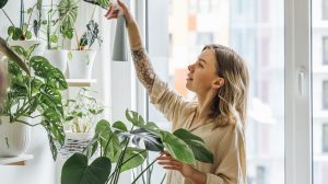 Egy lány gondozza a növényeit