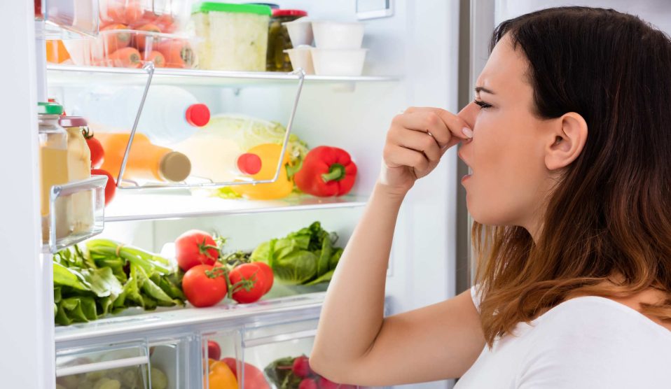 nő áll a hűtő előtt és befogja az orrát