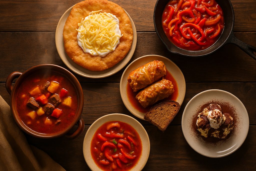 magyaros kaják az asztalon: pörkölt, lángos, lecsó, töltött káposzta