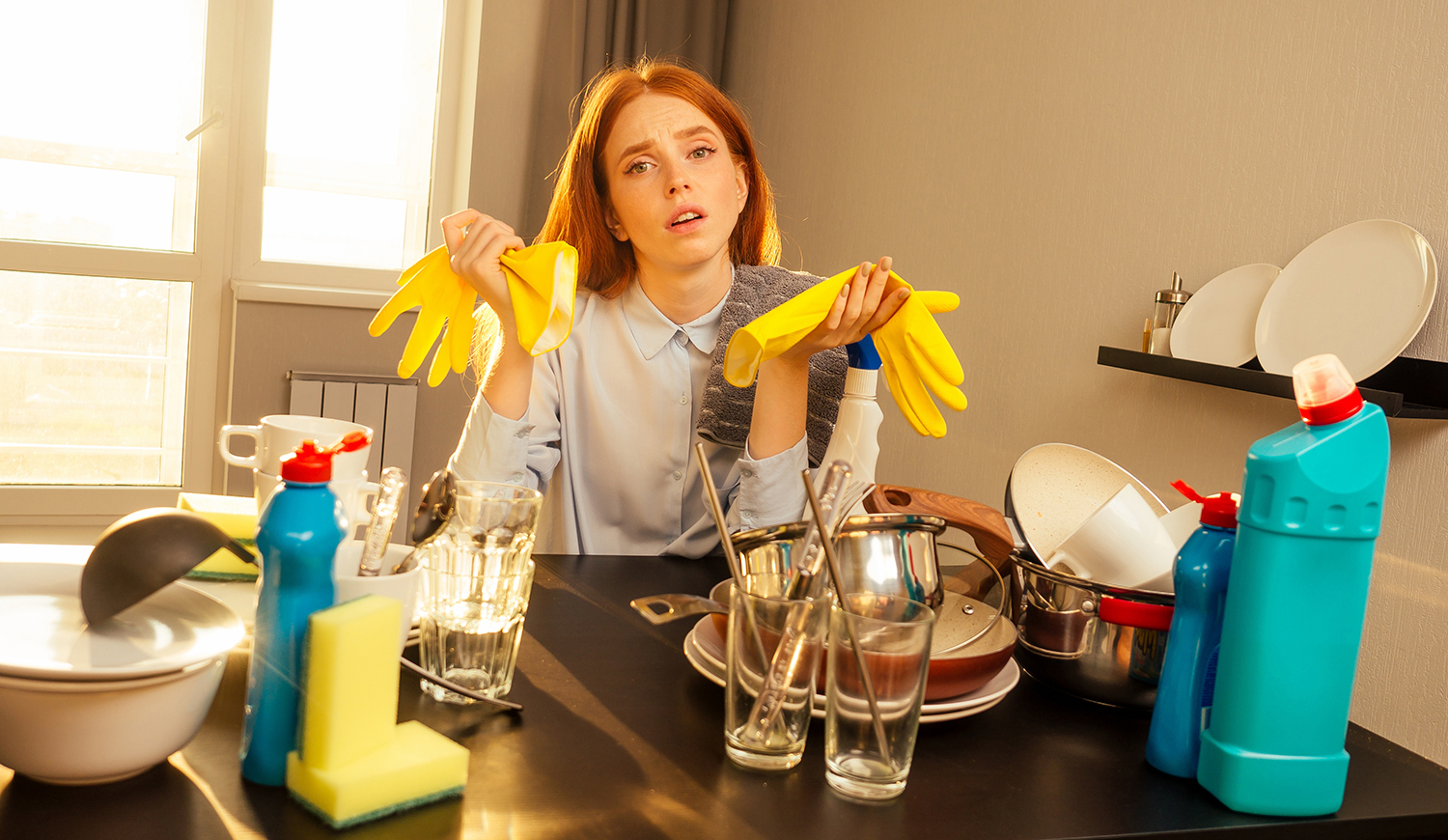 Boldogtalan nő sárga kesztyűvel, piszkos edények mellett