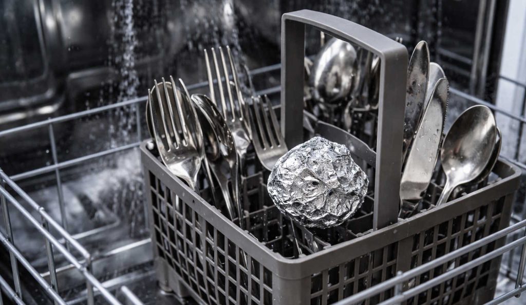 mosogatógépben evőeszközök és alufólia