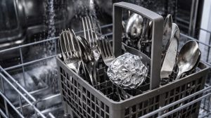 mosogatógépben evőeszközök és alufólia
