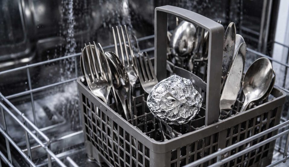 mosogatógépben evőeszközök és alufólia