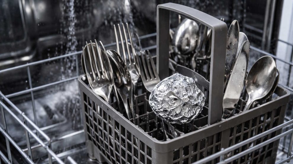 mosogatógépben evőeszközök és alufólia