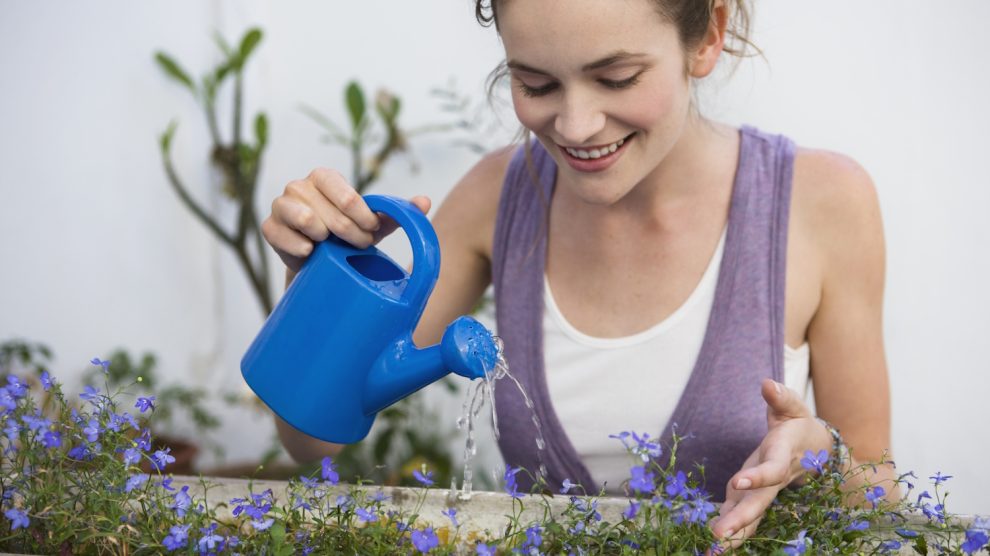 Egy lány öntözi a virágait