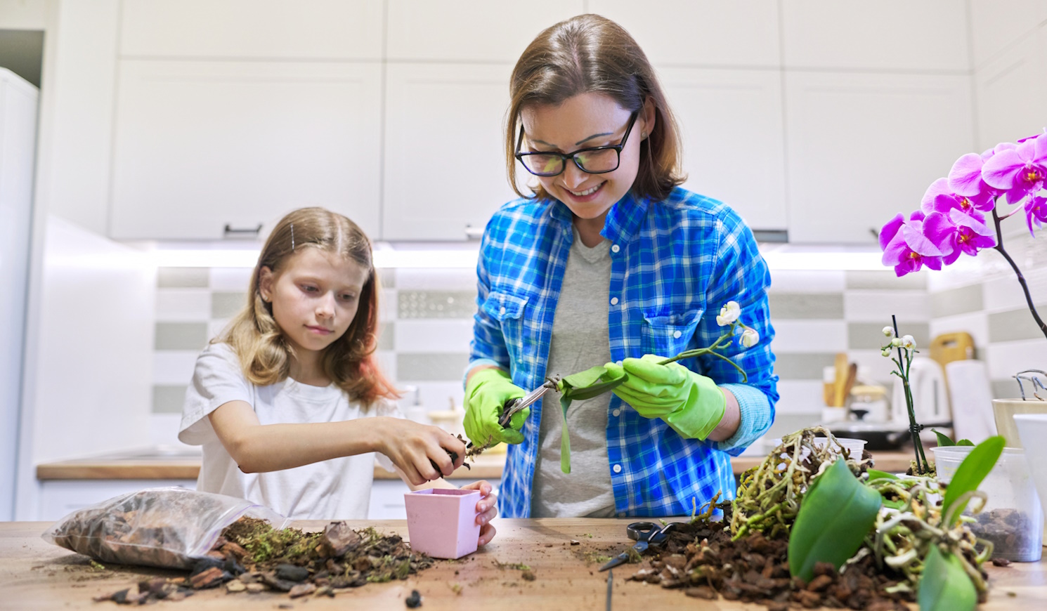 orchideát ültet át anyuka és kislánya