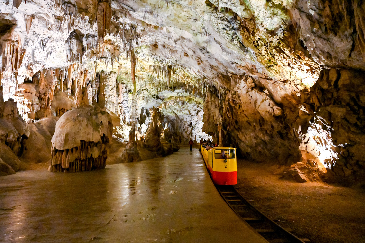 A Postojnai-cseppkőbarlangban kisvasút is közlekedik