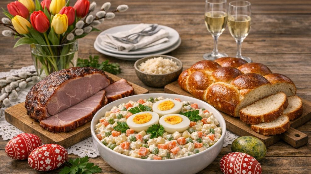 terített húsvéti asztal sonkával, kaláccsal, franciasalátával