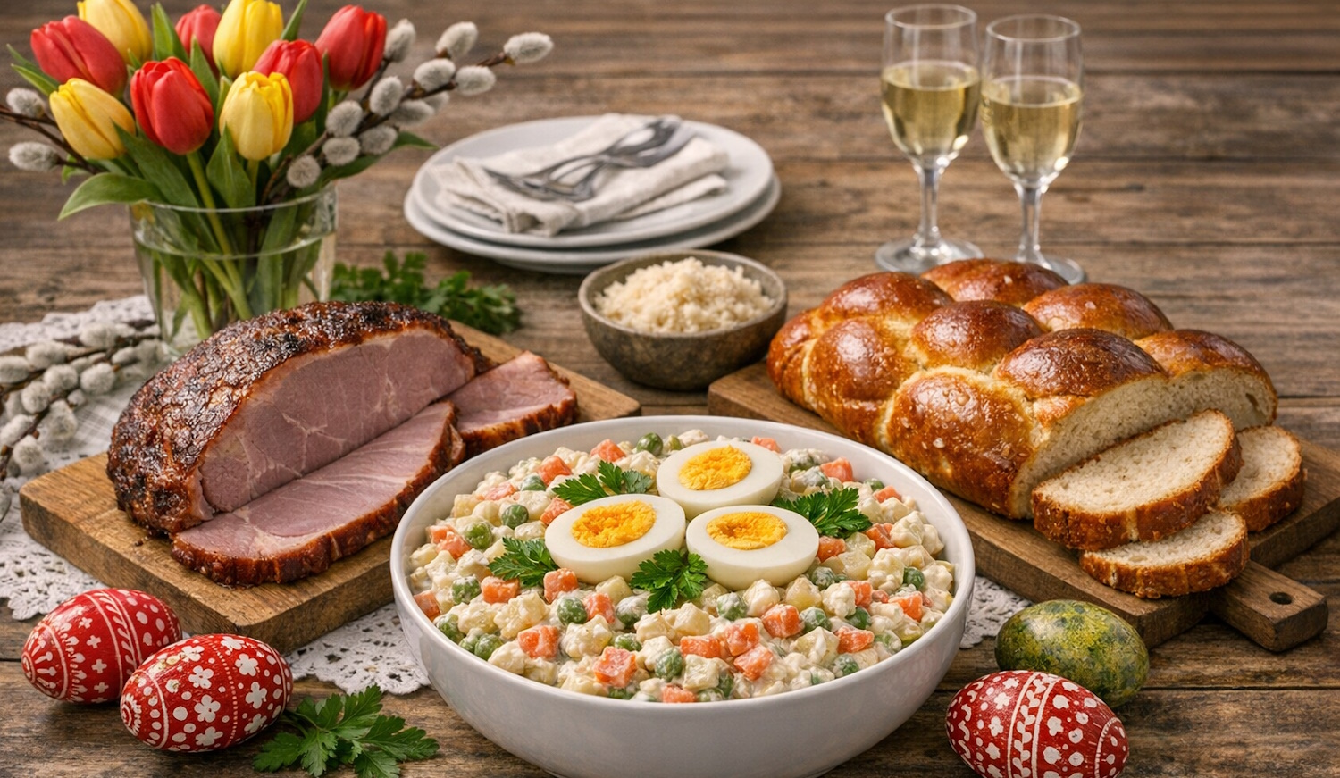 terített húsvéti asztal sonkával, kaláccsal, franciasalátával