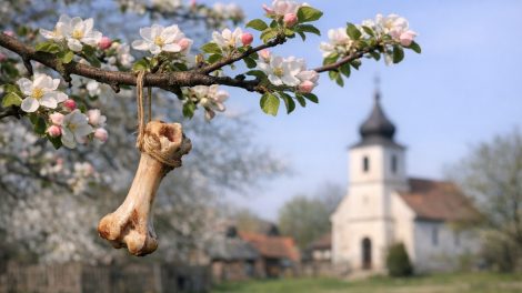 régi magyar hagyomány húsvéti sonkacsont gyümölcsfára akasztva, a háttérben templom