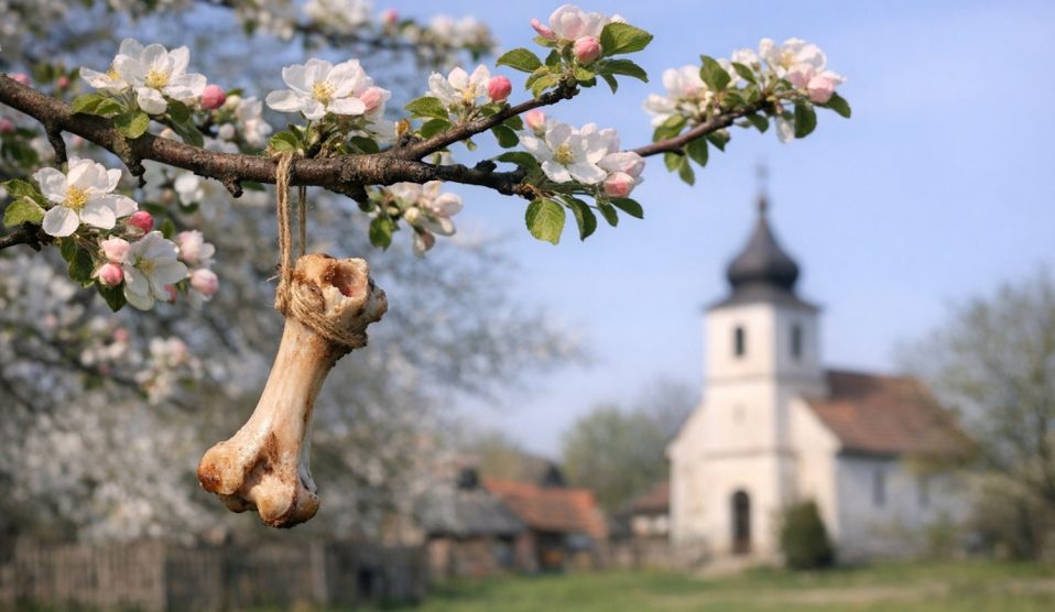 régi magyar hagyomány húsvéti sonkacsont gyümölcsfára akasztva, a háttérben templom