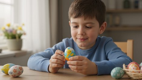 Húsvéti tojást fest egy kisfiú
