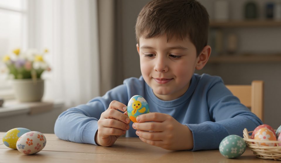 Húsvéti tojást fest egy kisfiú