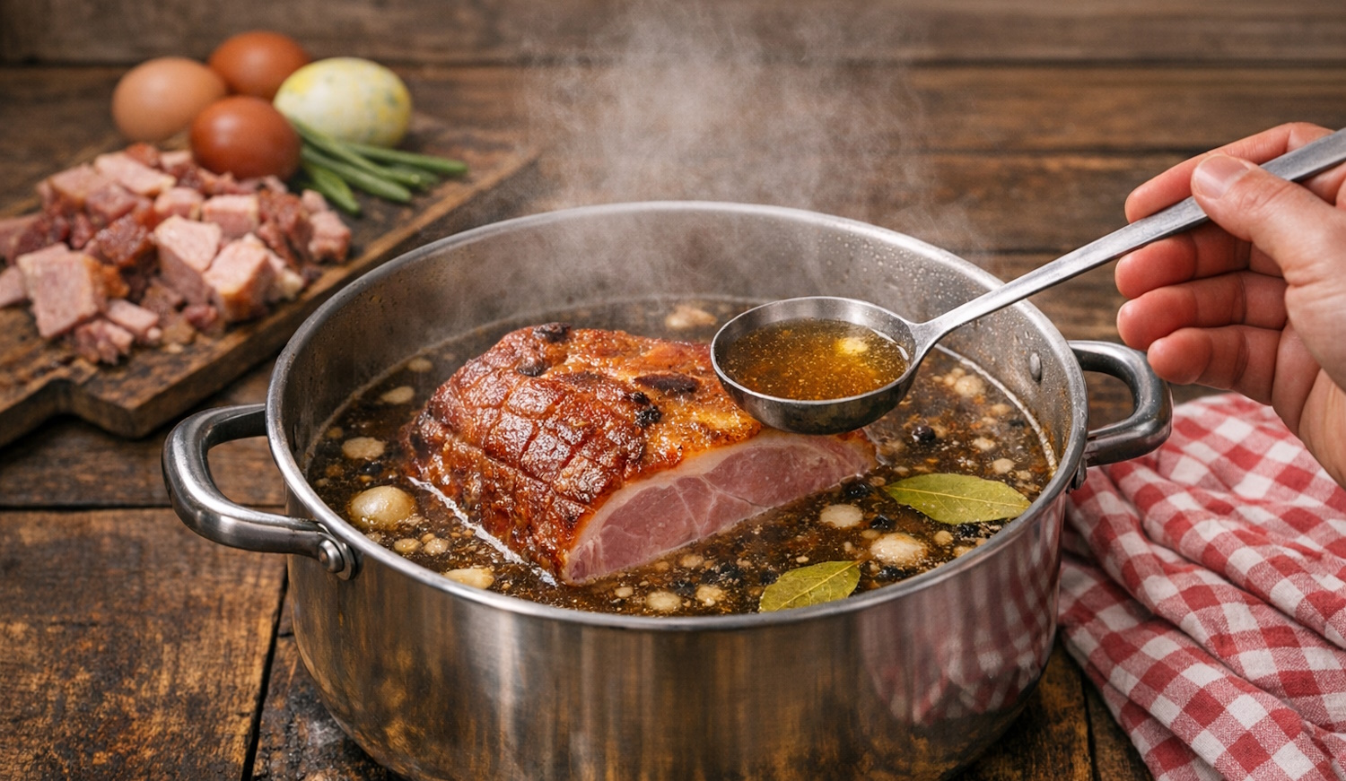 magyar húsvéti sonka a főzőlében az asztalon tojás, zöldségek