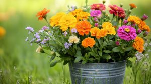 színes kerti virágok fém vödörben zinnia bársonyvirág