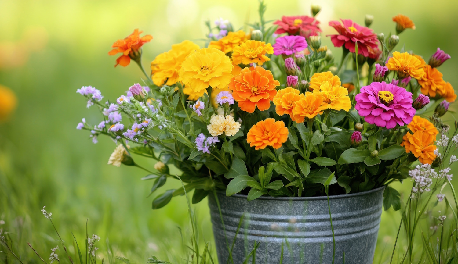 színes kerti virágok fém vödörben zinnia bársonyvirág