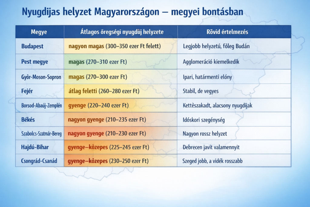 Megyei bontású táblázat a nyugdíjasok helyzetéről Magyarországon, kiemelve a legjobb és legrosszabb térségeket.