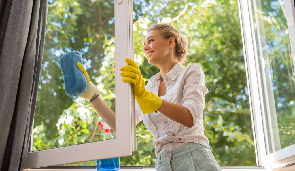 Nő pucolja az ablakot