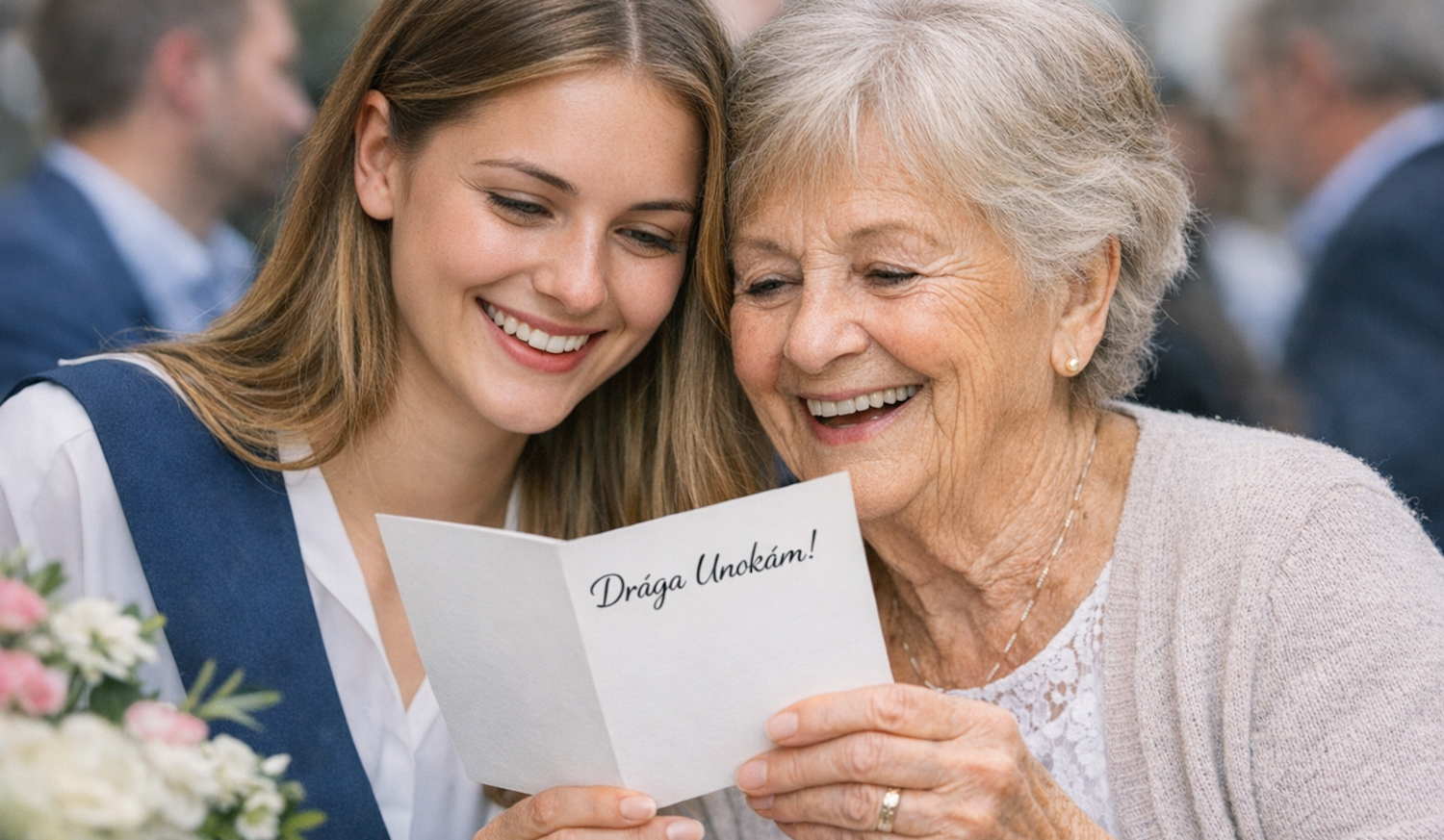 Egy nagymama és unokája néznek egy képeslapot